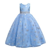 (5-14 Years) Children's Dress Girl's Sleeveless Princess Dress Long Snowflake Pattern Print Mesh Dress 120-160 Size Blue 7-8 Years